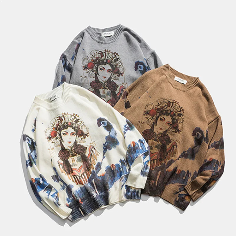 Hip Hop Sweater Mens Autumn Couple Knitted Jumper Anime Beijing Opera House Printing Retro Pulleys Harajuku Grey 240821