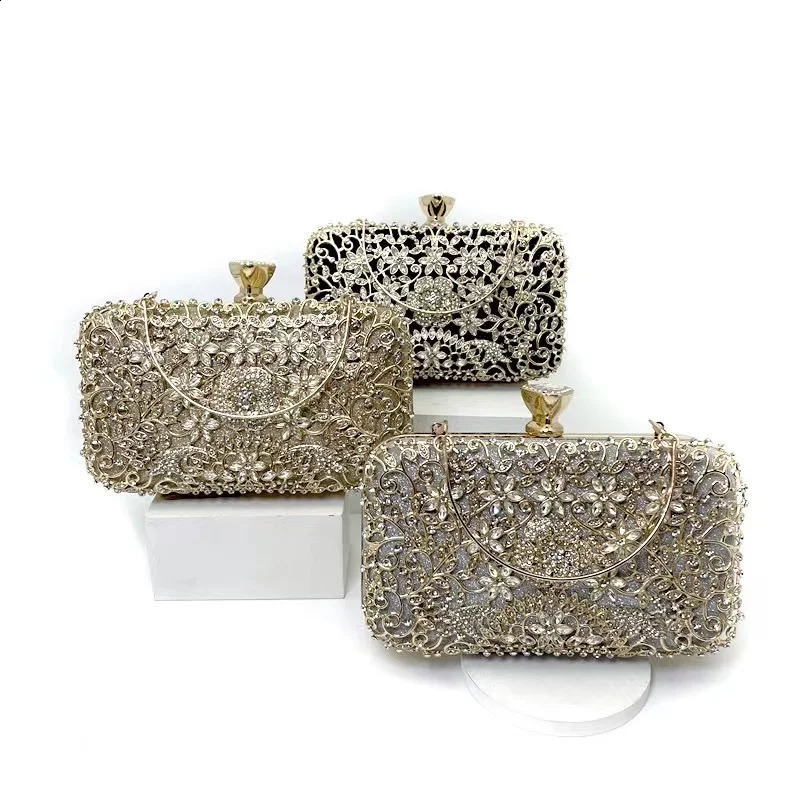 Hollow style diamond clutch luxury metal rhinestone evening bag flip up party wedding handbag wallet 240822