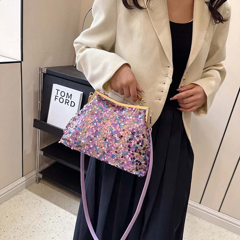 Fashion Women Evening Clutch Metal Glitter Sequin Purple Gold Chain Shoulder Bags Wedding Prom Handbags 240822