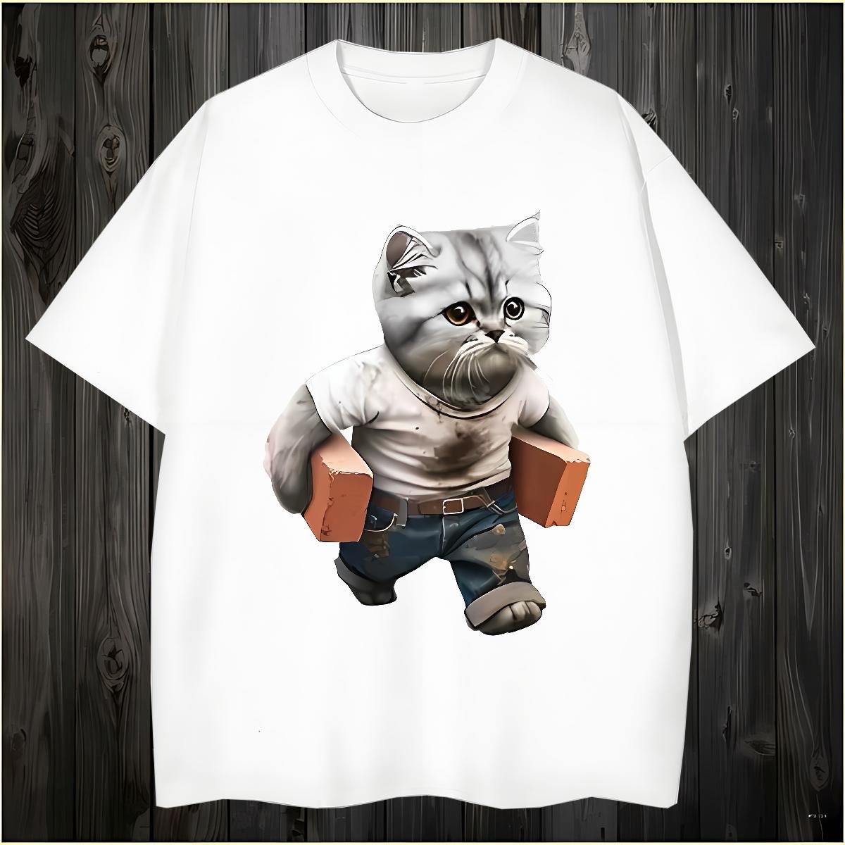 High Quality T-Shirts for Men cat O Neck Short Sleeves Beach Asian Size 230g Pure Cotton Men Tees Classic Casual Tops
