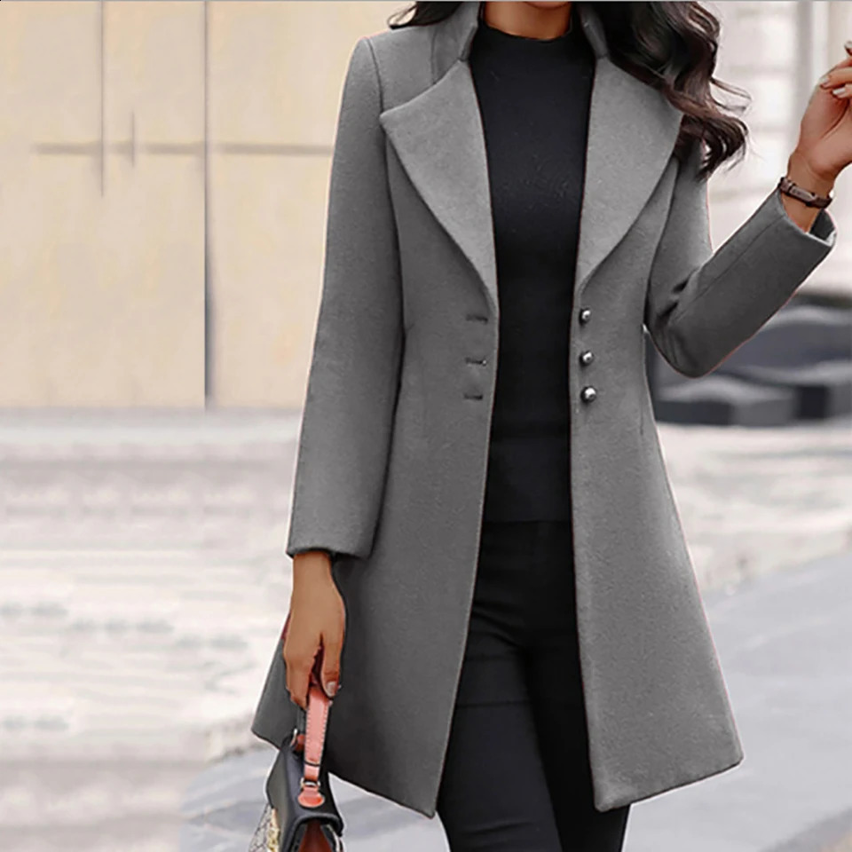 Winter Slim Fit Woolen Coat Ladies Solid Color Long Jacket Casual Fashion Button Long Sleeve Stand-Up Mid-length Woolen Coat 240822