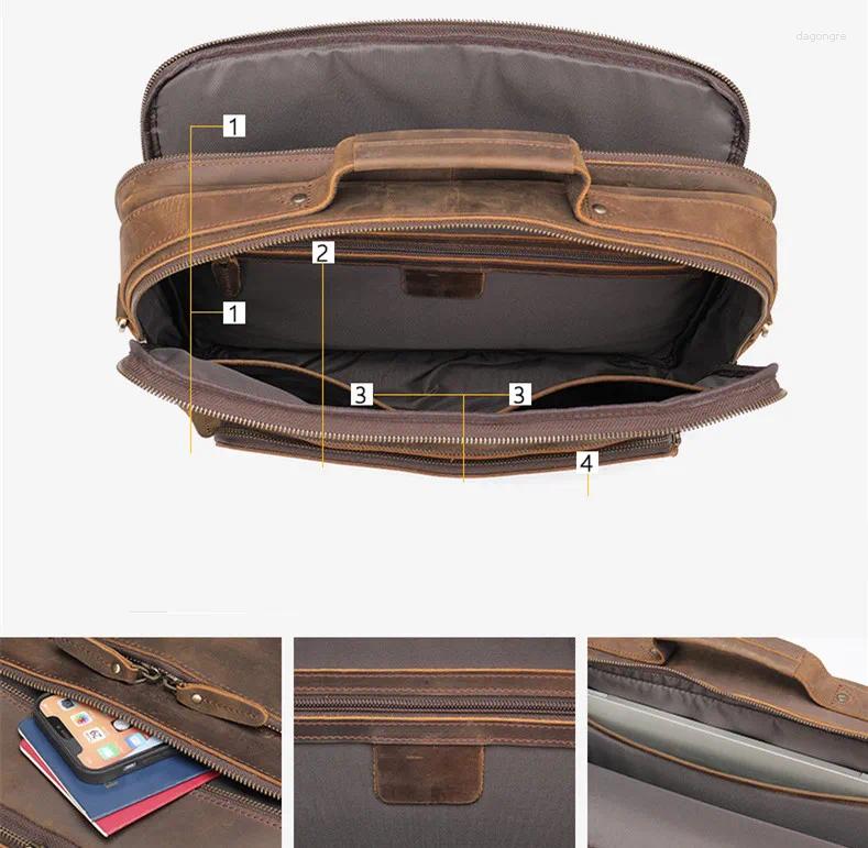 3 Briefcases Retro Crazy Horse Leather Men's Bags Briefcase Genuine Messenger Bag Large Capacity 15.6-Inch Laptop