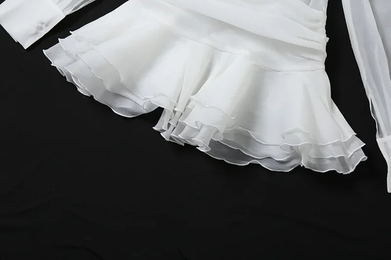 2024 Autumn See Through Tierred Shirt Dress Women Solid Turn Down Collar Long Sleeve Ruffles Ruched Slim Club Party Dresses 240821