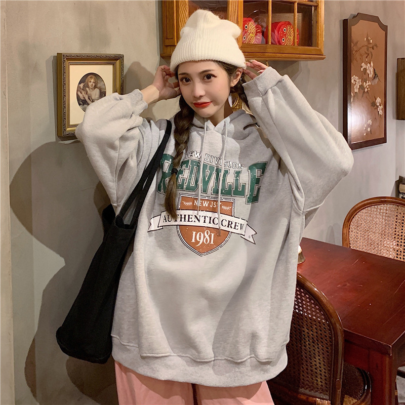 Autumn/Winter New Korean College Letter Printed Thick Velvet Hoodie Women's Long Sleeve BF Style Loose Top dongdumaoyi