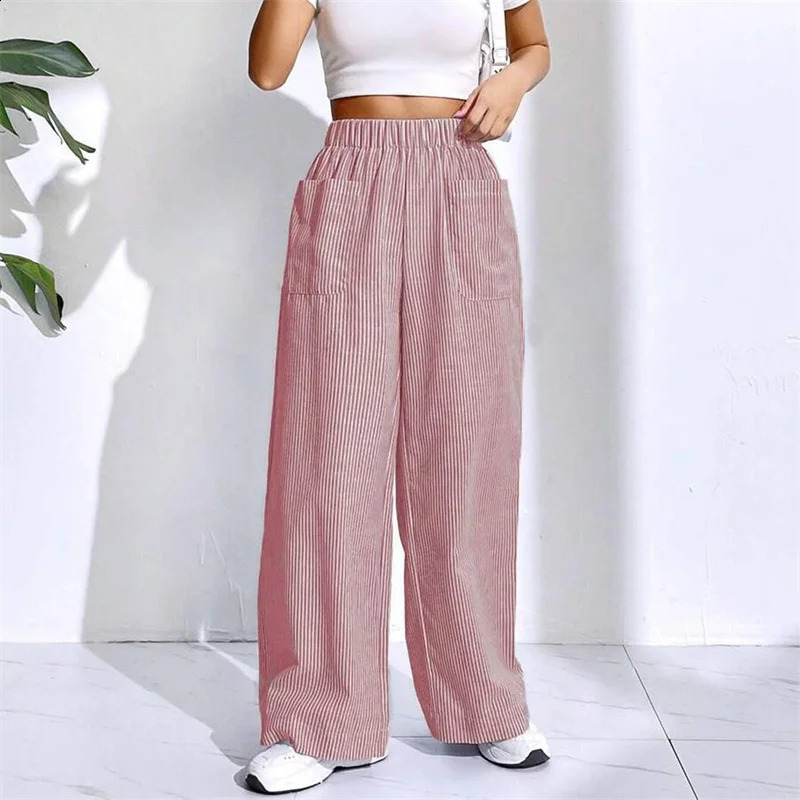 Lamuusaa Women Wide Leg Pants Summer Striped Elastic High Waist Loose Lounge Trousers with Front Pockets y2k Clothing Streetwear 240821