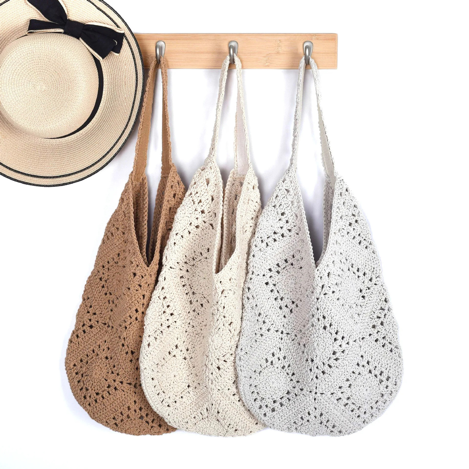 Casual Knitted Women Shoulder Bags Crochet Granny Square Large Tote Bag Behemian Summer Beach Big Shopper Purses Vacation 240821