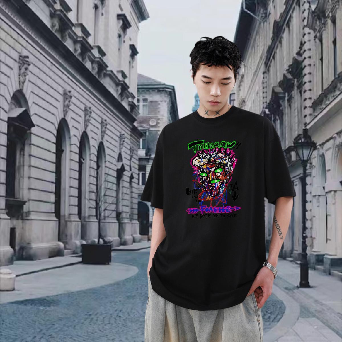 2024 Summer Men Clothes T-Shirt 230g 100% Cotton Summer Casual tomorrw Short Sleeve O-Neck T-Shirts for Men High Quality Black White Tees Shirts