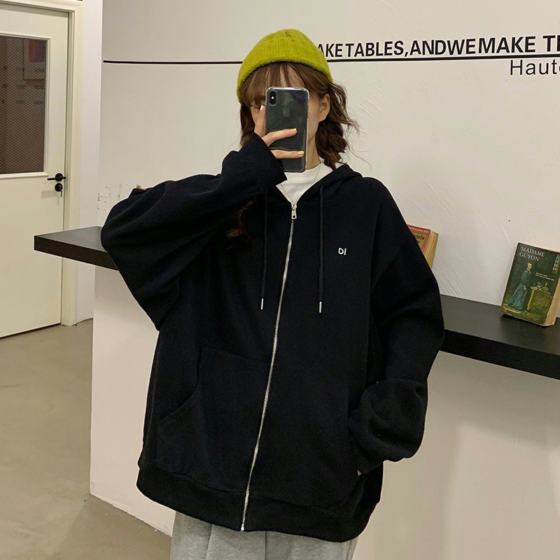 Korean version sports leisure hooded zipper cardigan sweater jacket for women autumn and winter BF style loose top trend dongdumaoyi