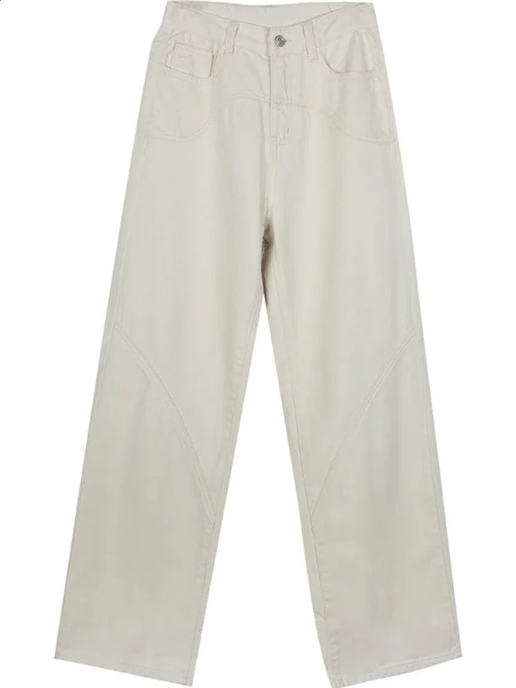 HOUZHOU Beige Jeans Baggy Women Casual Denim Trousers Vintage High Waist Wide Leg Pants Classic Streetwear Fashion Autumn Ladies 240821