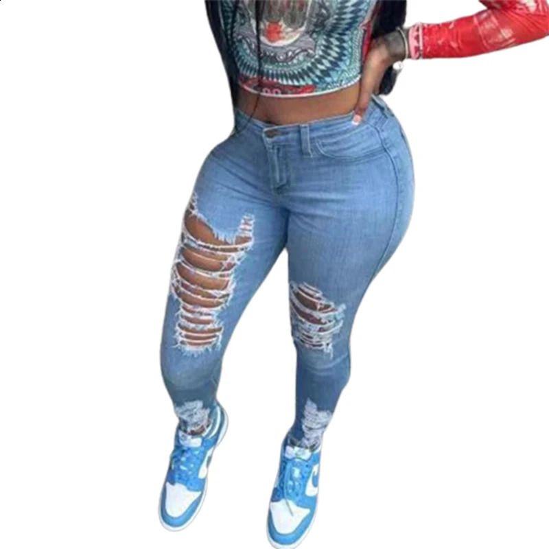Sexy Hollow Out Broken Holes Tight Pencil Jeans Women High Waist Slim Fit Denim Pants Female Fashion Street Casual Blue Trousers 240821