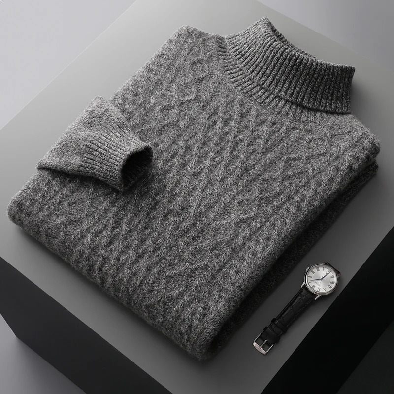 Mens 100% wool and cashmere sweater for autumn and winter turtle neck knit zipper thick plus size bottom fashionable and warm top 240829
