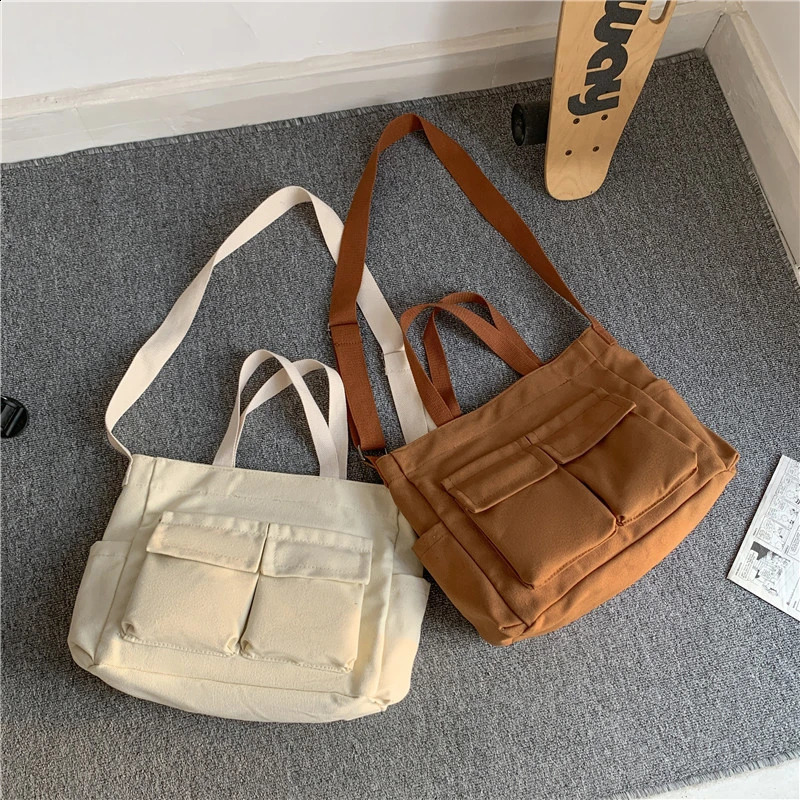 Casual Canvas School Bag For Women Versatile Large Capacity Messenger Bag Female Military Green Travel Shoulder Handbag Tote Bag 240821