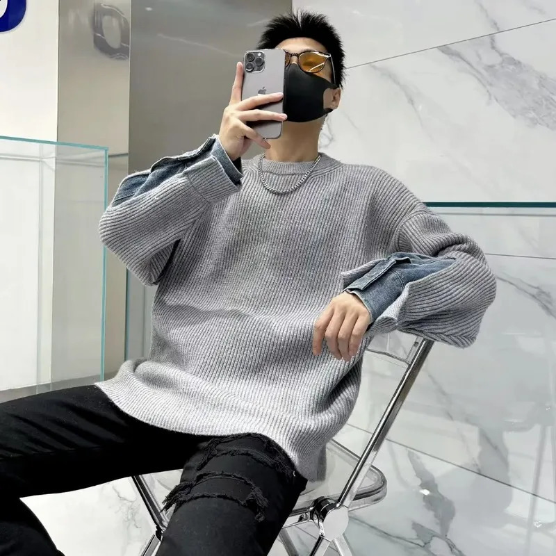 autumn and winter mens floral round neck patch work solid color loose fashion casual elegant commuting long sleeved sweater 240821