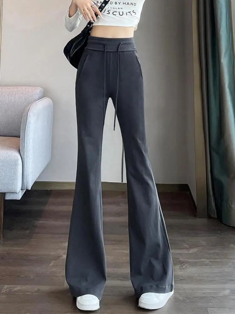 Womens Black Long Pants Slim Bell-bottoms High Waist Autumer Winter Korean Fashion Y2k Gray Casual Drawstring Bandage Trousers 240821
