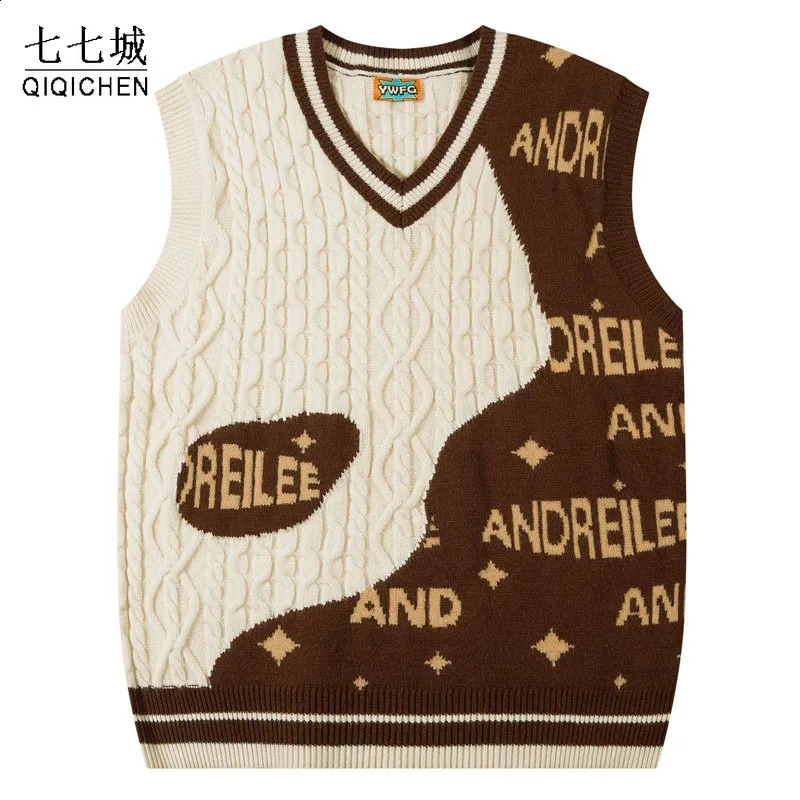Womens knitted sweater vest mens cartoon Harajuku colored letter oversized Japanese casual skydiving autumn streetwear 240821