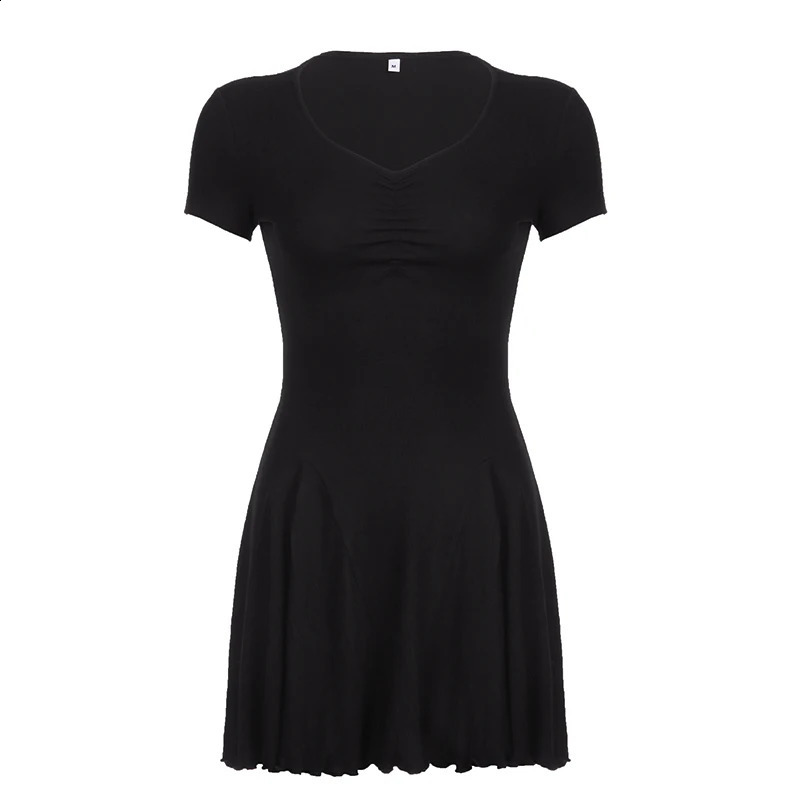 Darlingaga V Neck Folds Basic Short Casual Dress for Women Korean Fashion A-Line Sundress Draped Summer Dresses Clothing 240822
