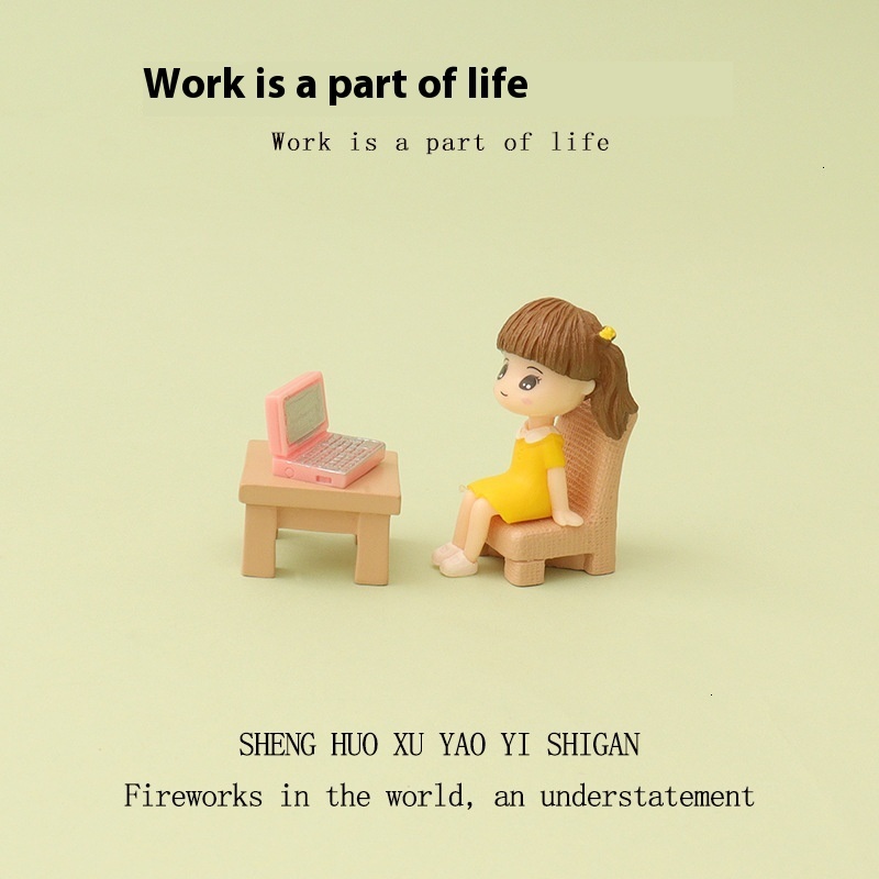 Cartoon Cute Little Girl Mini Computer Desk and Chair Micro Landscape Work Scene Baby House Accessories Home Decoration Ornament