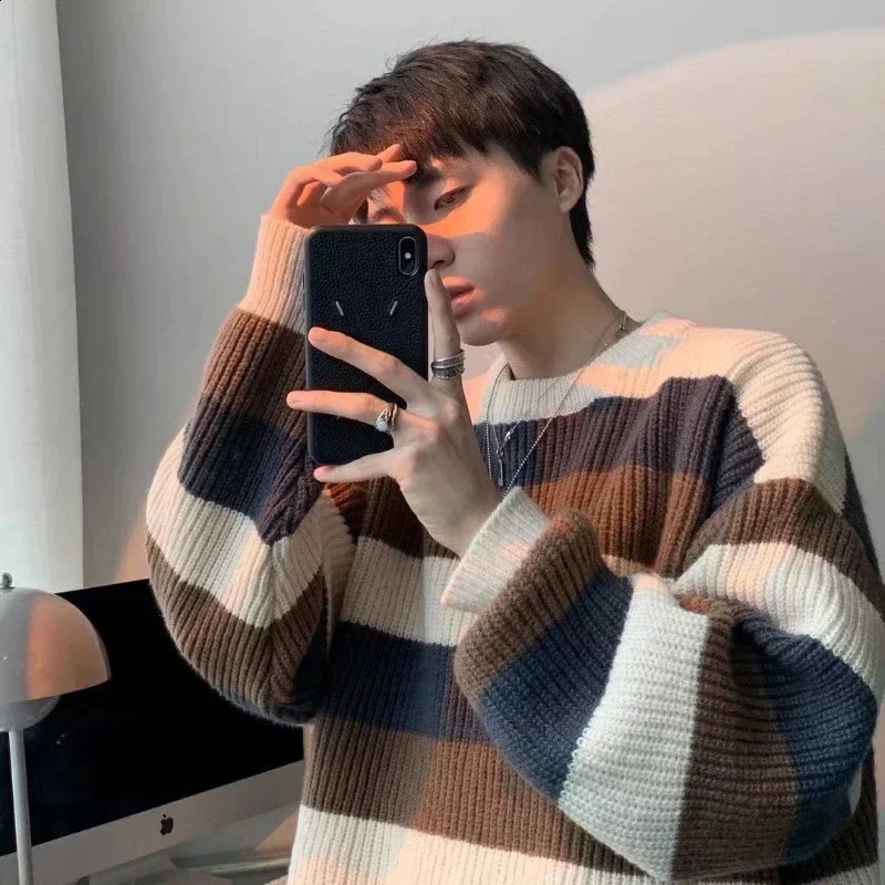 Mens Clothing Jacket Coat Pullovers Knit Sweater Male Striped Brown Cotton Korean Autumn Clothes Thick Winter Fun Heated Sheap 240821