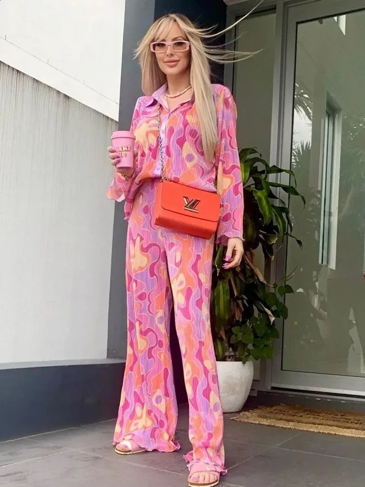 Two Piece Sets Women Spring Fall Print Button Down Long Sleeve Shirts Wide Leg Long Pants Female Y2K Casual Loose Pant Sets 240813