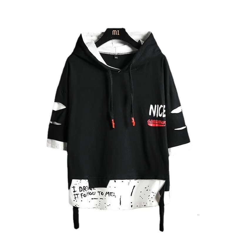 Men Fashion Ribben Hoodie Summer Short Sleeve Men's Hoodies Color Splice Hooded Tshirt Hip Hop Street Sweatshirt