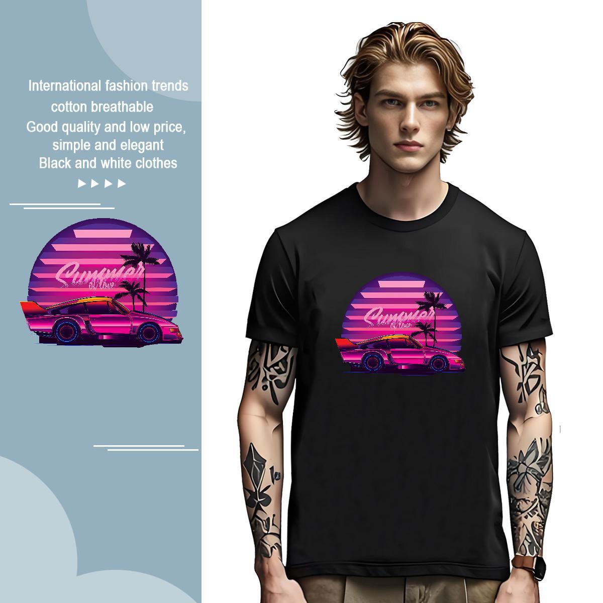 Popular car T-Shirts Street Men Tshirts 100% Cotton 230g 2024 Crew Neck Breathable Cartoon Print Tops