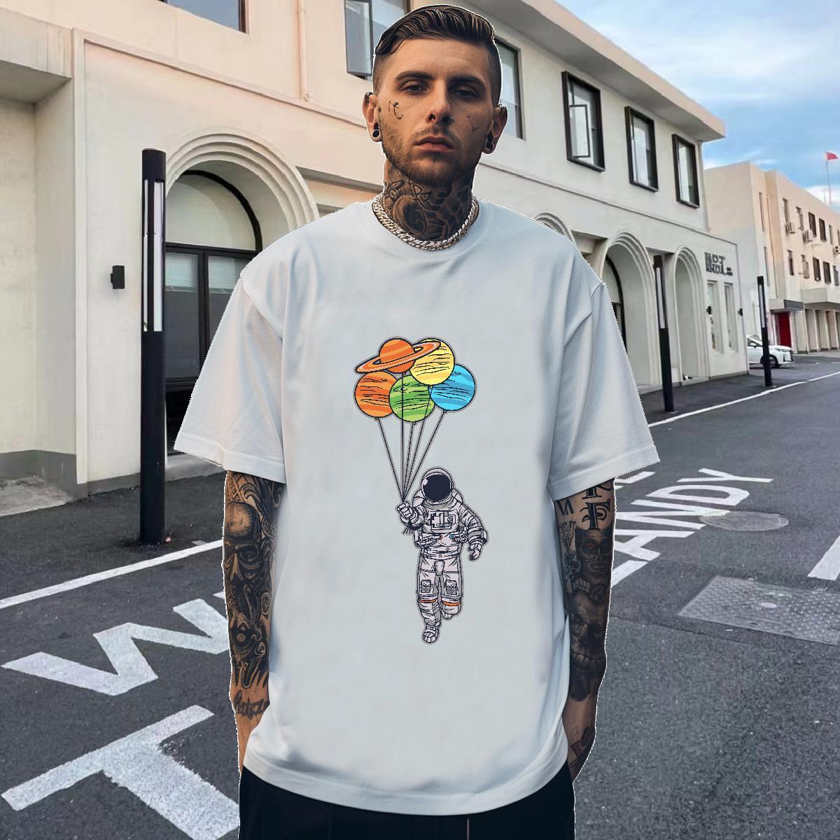 Loose Fit Men Tshirts Street 230g Pure Cotton Skull Breathable Short Sleeve spaceman Men T Shirts Fashion Casual Tops