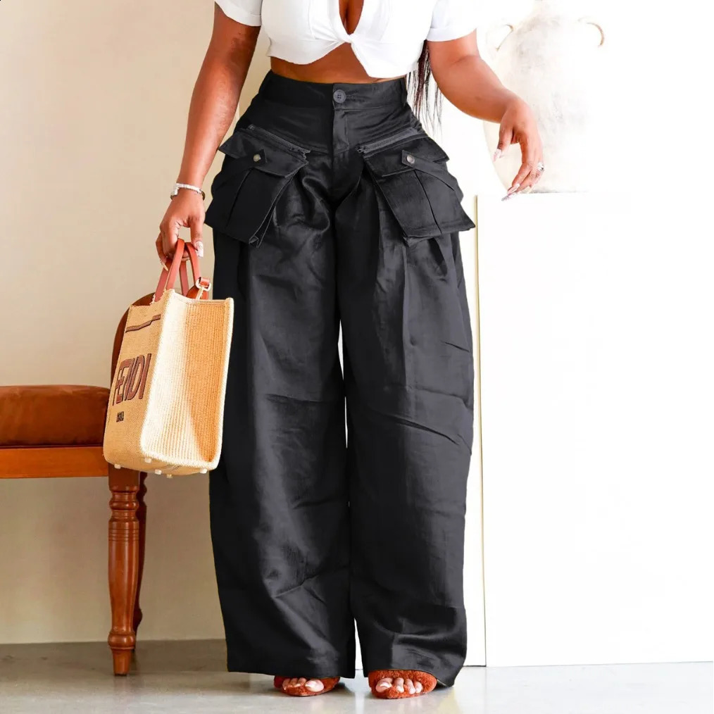 Fashion Satin Stretch High Waist Casual Cargo Pants Women Wide Leg Pants with Detachable Pocket 240822