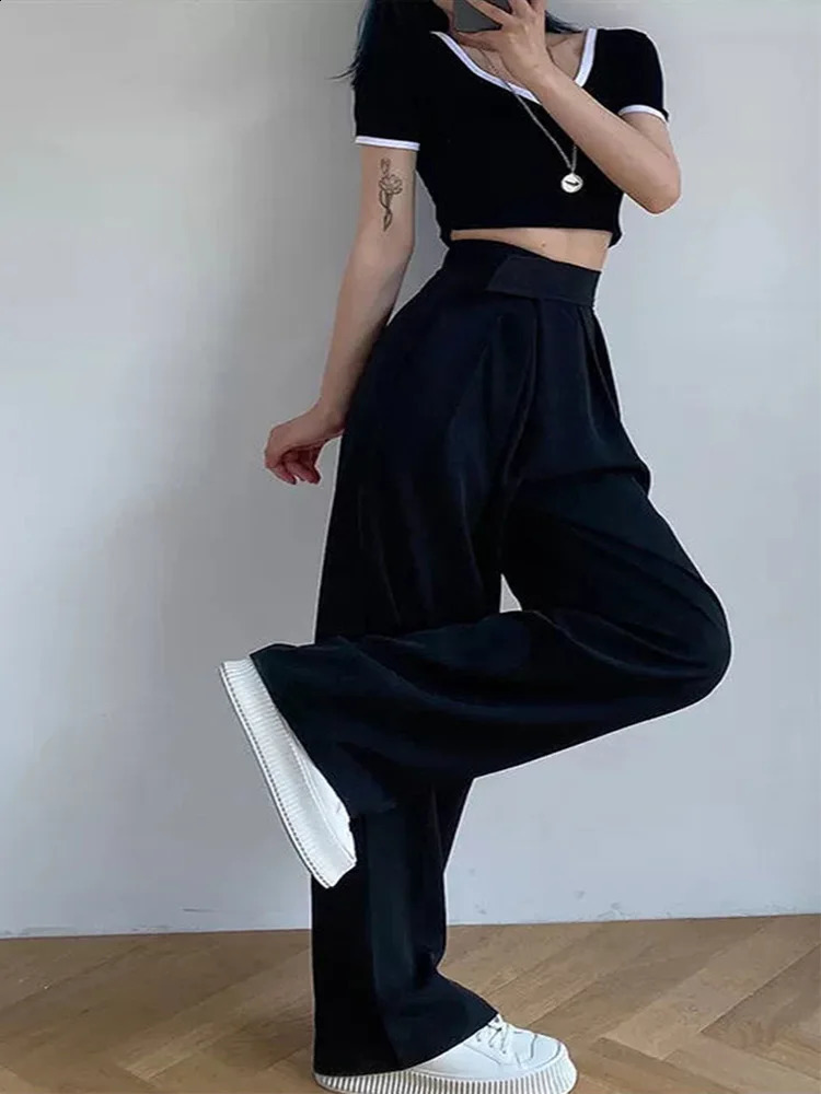 Wide Leg Women Classic Suit Pants Vintage Palazzo Office Elegant Casual Black Trousers Female High Wasit Pants 240821