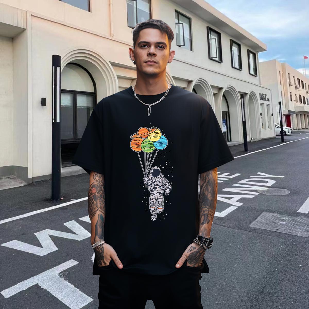 Loose Fit Men Tshirts Street 230g Pure Cotton Skull Breathable Short Sleeve spaceman Men T Shirts Fashion Casual Tops