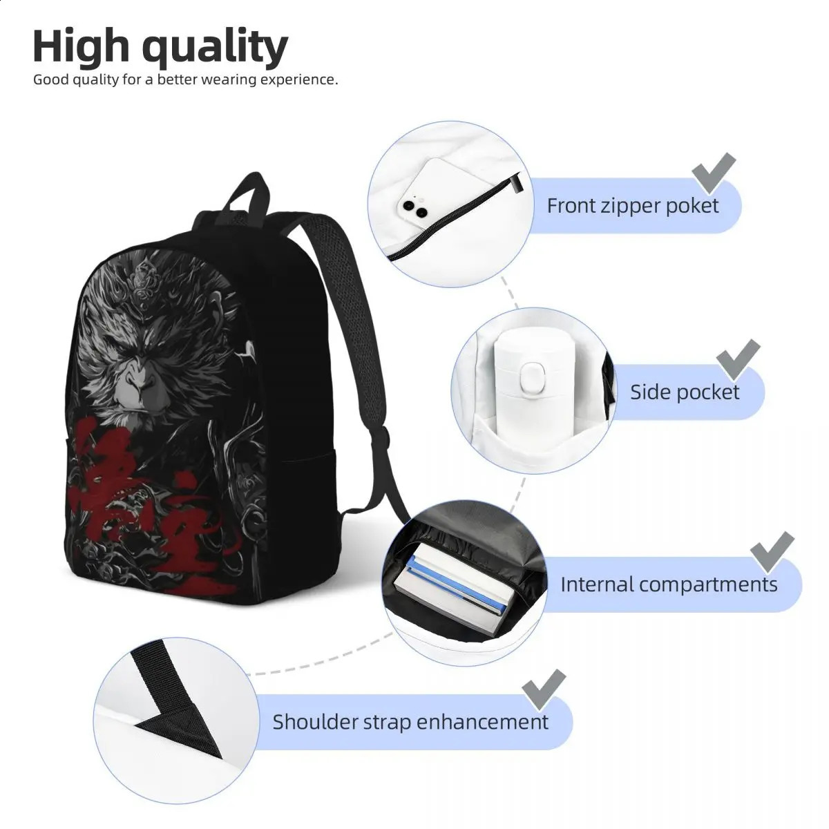 Black Mythical King Kong Monkey Game Backpack Durable Student Work Lover Day Bag Mens Laptop Shoulder 240822