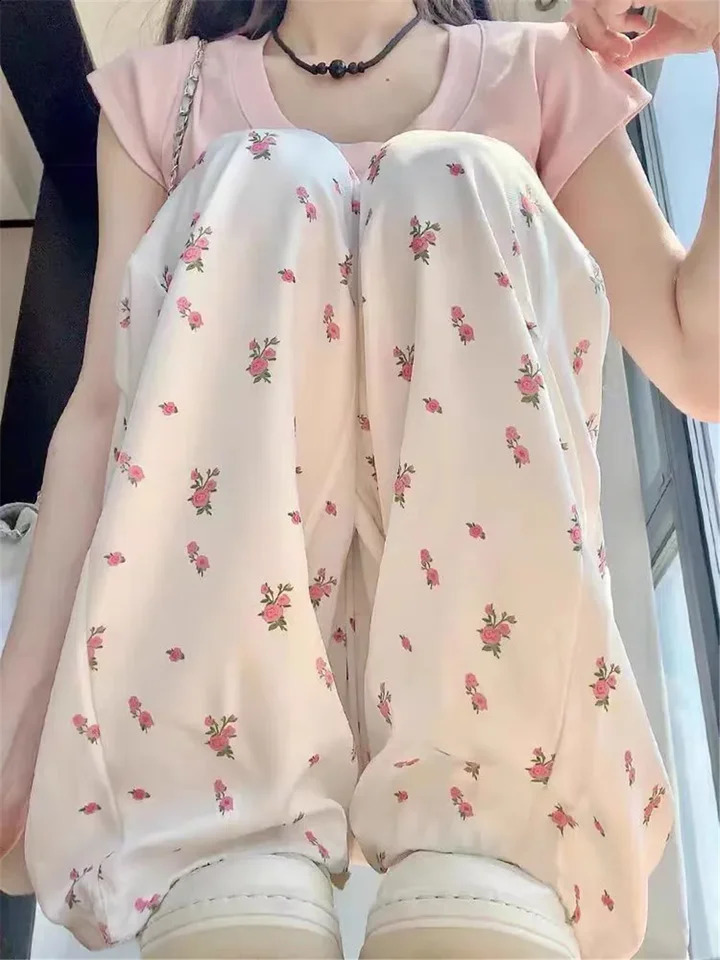 American Casual White Y2k Flower Print Cargo Pants Women Summer High Waisted Y2k E-Girl Straight Chic Wide Leg Trousers 240821