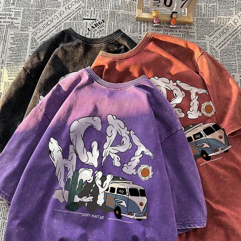 Cartoon graphic wash Tshirt mens oversized Oneck hiphop street short sleeved college couple y2k top 240822