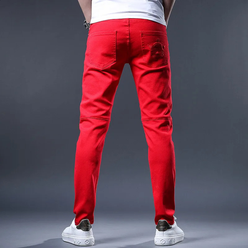Yellow Red White Jeans Men Fashion Slim Fit Straight Pants Summer Streetwear Ripped Patch Denim Trousers 240821