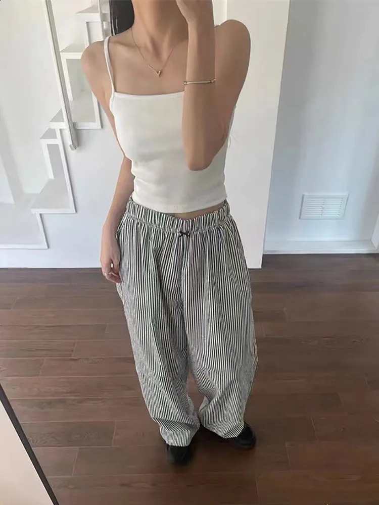 Korean Cotton Bow Striped Wide Leg Women Casual Loose High Waist Pockets Mopping Pajama Pant Comfort Home Straight Trousers Z260314