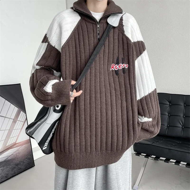 China-Chic autumn and winter lovers loose contrast color block raglan sleeves hooded sweaters men and women lazy knitwear coat 240821