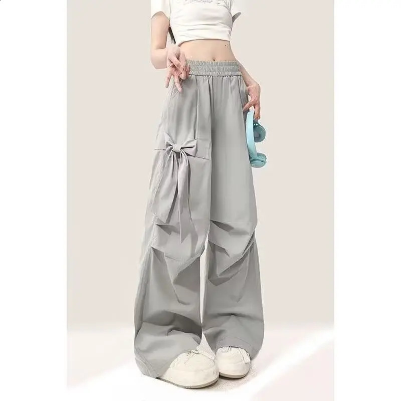 Grey Bow Elastic Waist Casual Summer Pants for Women American Street Trend Cute Loose Wide Leg Straight Y2k Korean Trousers 240821