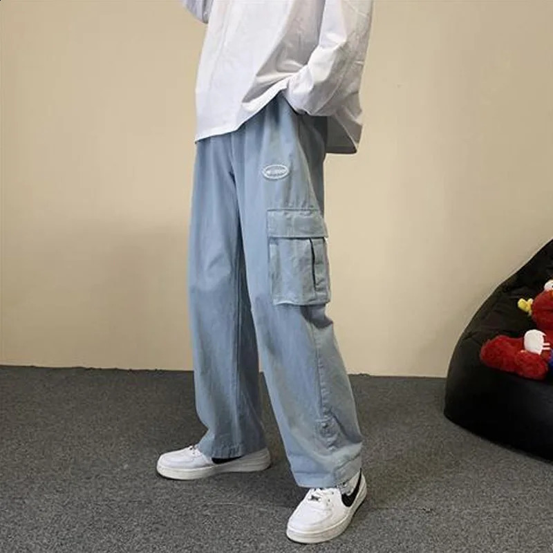 Solid Color Multiple Pockets Cargo Pants Classic Straight Cylinder Loose Broad Leg Waist Drawcord Street Casual Male Trousers 240822