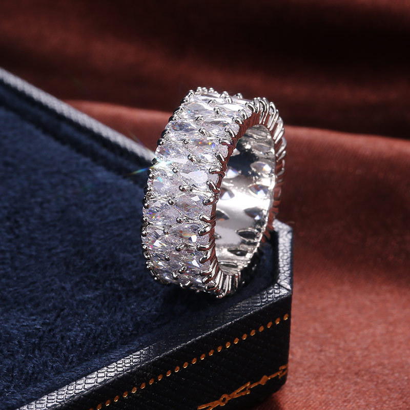 Hip Hop TopBling Zircon Double Row Ring White Gold Plated Jewelry Men Women Gift