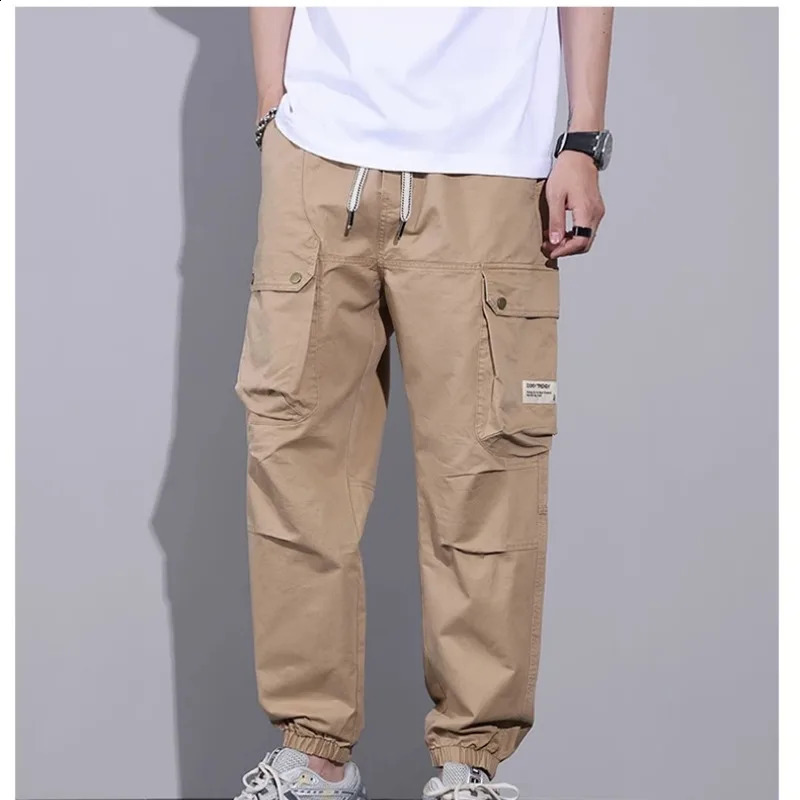 Mens preparatory style pocket casual solid workwear sporty Haaland lantern tie Trouser elastic high waisted spring and autumn pants 240821