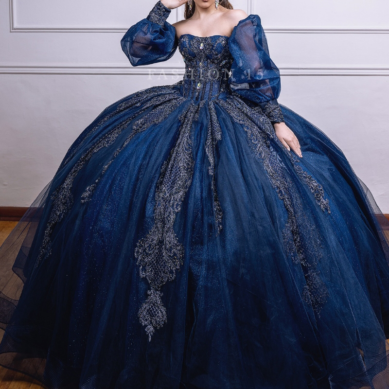 Navy Blue Shiny Ball Gown Quinceanera Dresses Appliques Lace Beads Crystal Off The Shoulder Ruffles Corset Vestidos De 15 Anos Sweet 16 Dress