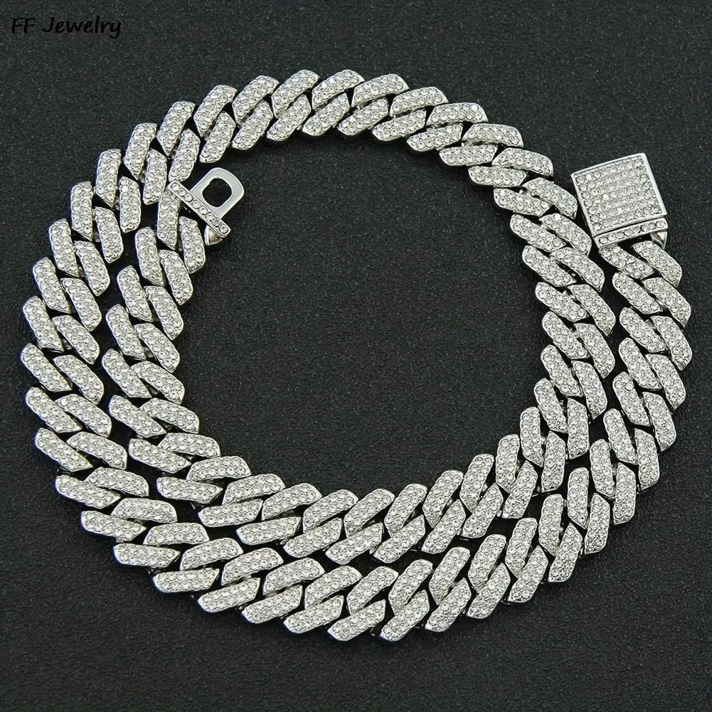 12MM Necklacebracelet 2-row rhinestones Prong Ice out Hip hop Miami Cuban Link Chain for men and women 240814