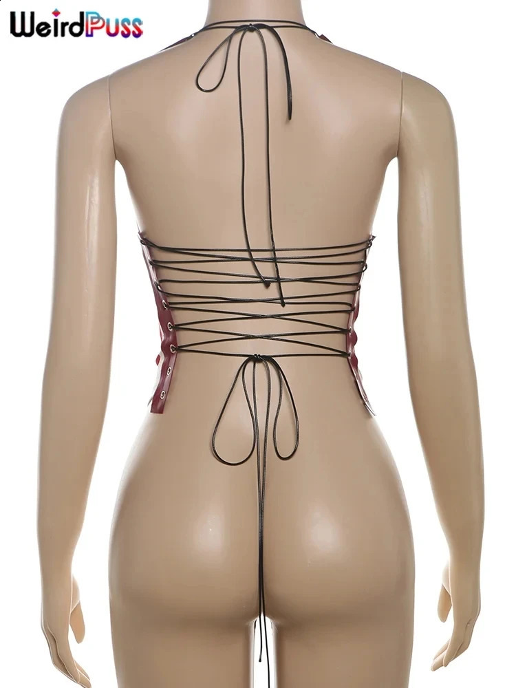 Weird Puss Mesh Halter Crop Tops Woman Summer Bandage Backless Patchwork Number Print Swing Collar Party Streetwear Skinny Vest 240821