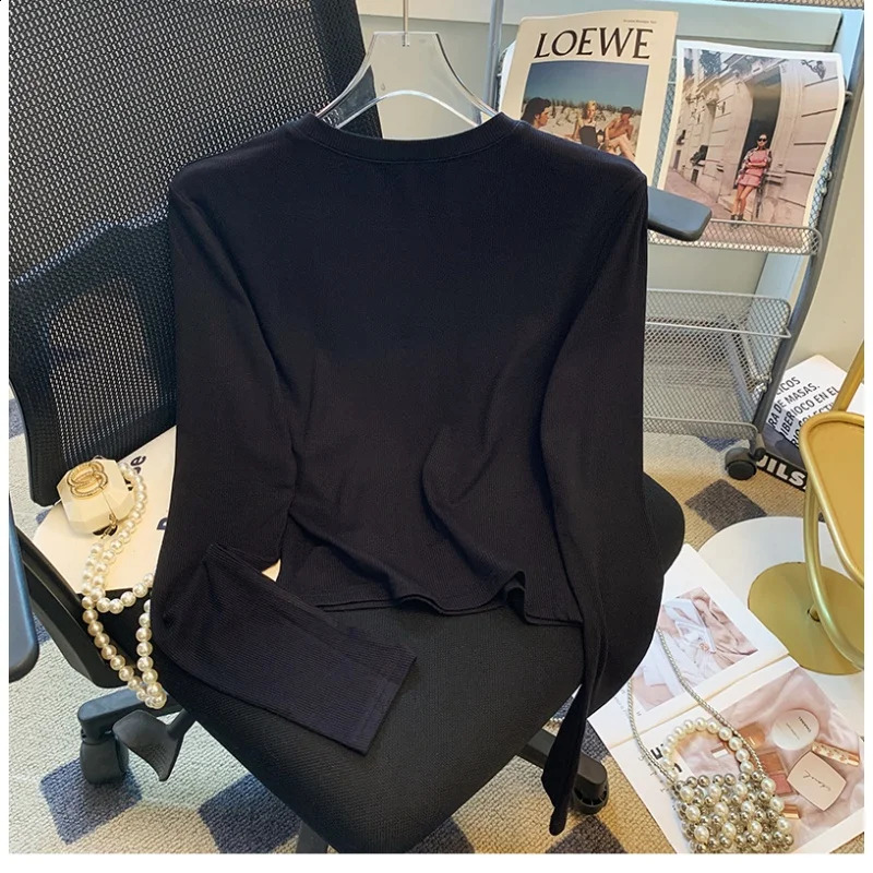 Spring Bow Oneck Knitted Top for Women 2000s Fashion Retro Loose Pulling Strapless Y2k Grunge Long Sleeve Black Sweater 240821