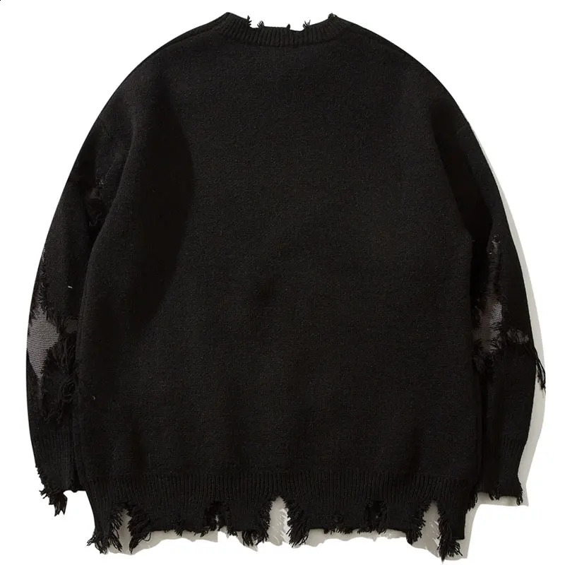 Hip Hop Sweaters Y2K Grunge Knitted Skull Skeleton Ripped Holes Punk Gothic Jumpers Streetwear Men Vintage Baggy Pullover Black 240821