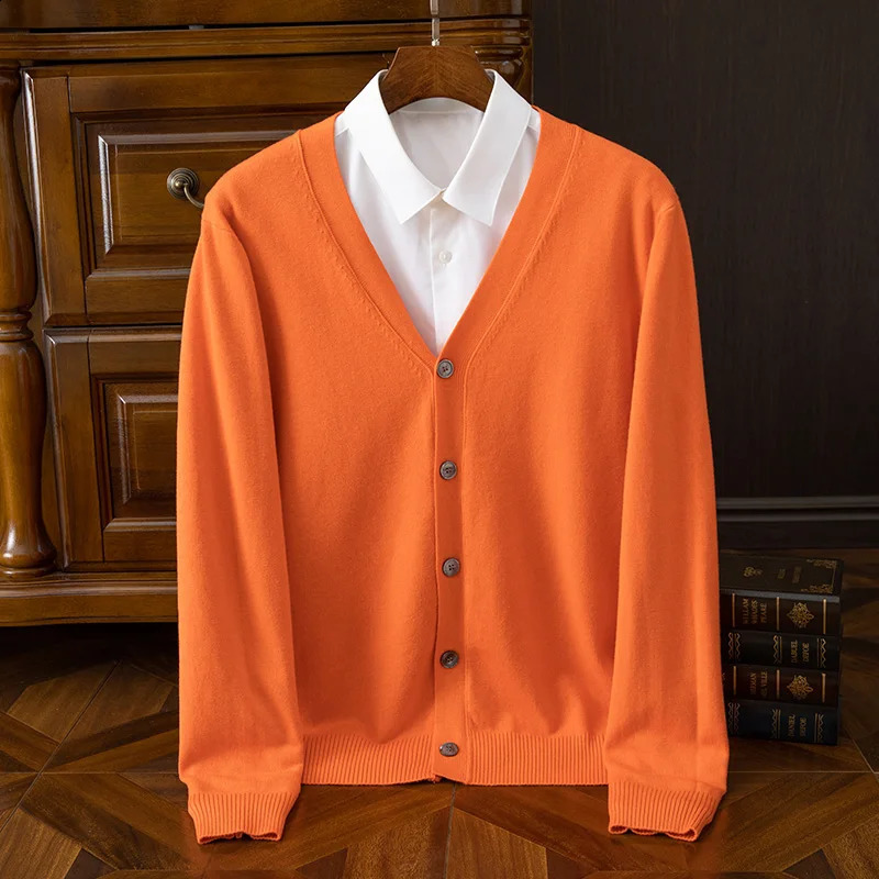 Fall/Winter 100% Merino wool cashmere coat mens V-neck cardigan casual solid color padded knit coat warm coat 240821