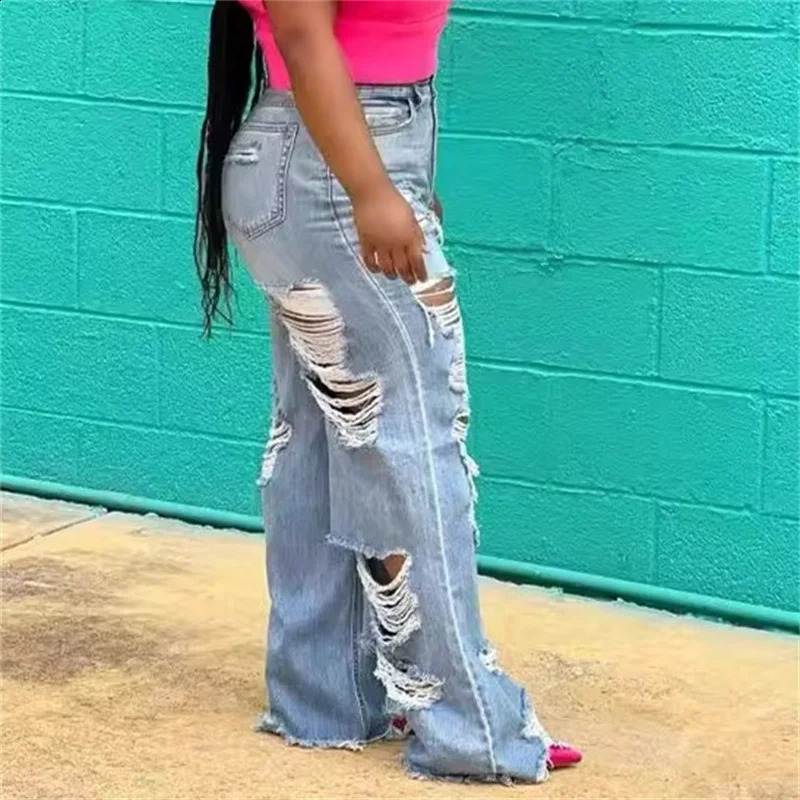 Fashion Front Back Large Holes Straight Jeans Female Casual High Waist Denim Pants Women Sexy Trend Streetwear Loose Trousers 24 240821