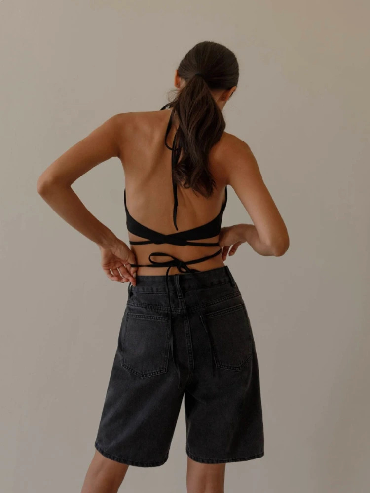 Womens Denim Shorts Summer High Waist Casual Black Shorts Pocket Fashion Vintage High Street Loose Oversize Wide Leg Pants 240821