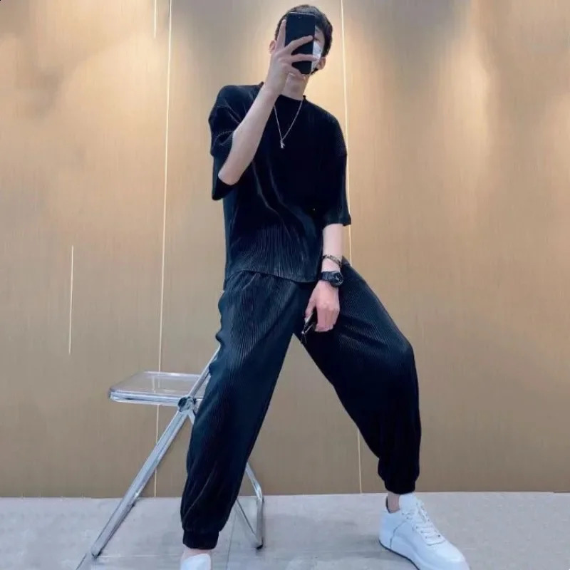 Nylon Mens Pants Set Gym Sportswear Male T Shirt Trousers Sets Black No Outfits Clothes Two-piece Essential Tee Kpop 240821