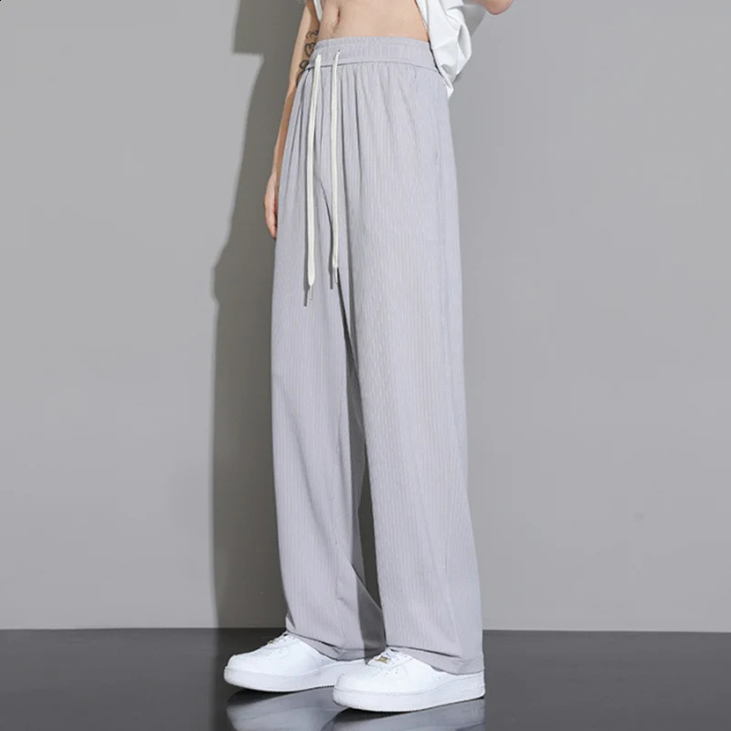 Mens Summer American Style Ice Silk Double Drape Straight Leg Wide Leg Casual Pants Loose Comfortable Breathable Trousers 240822