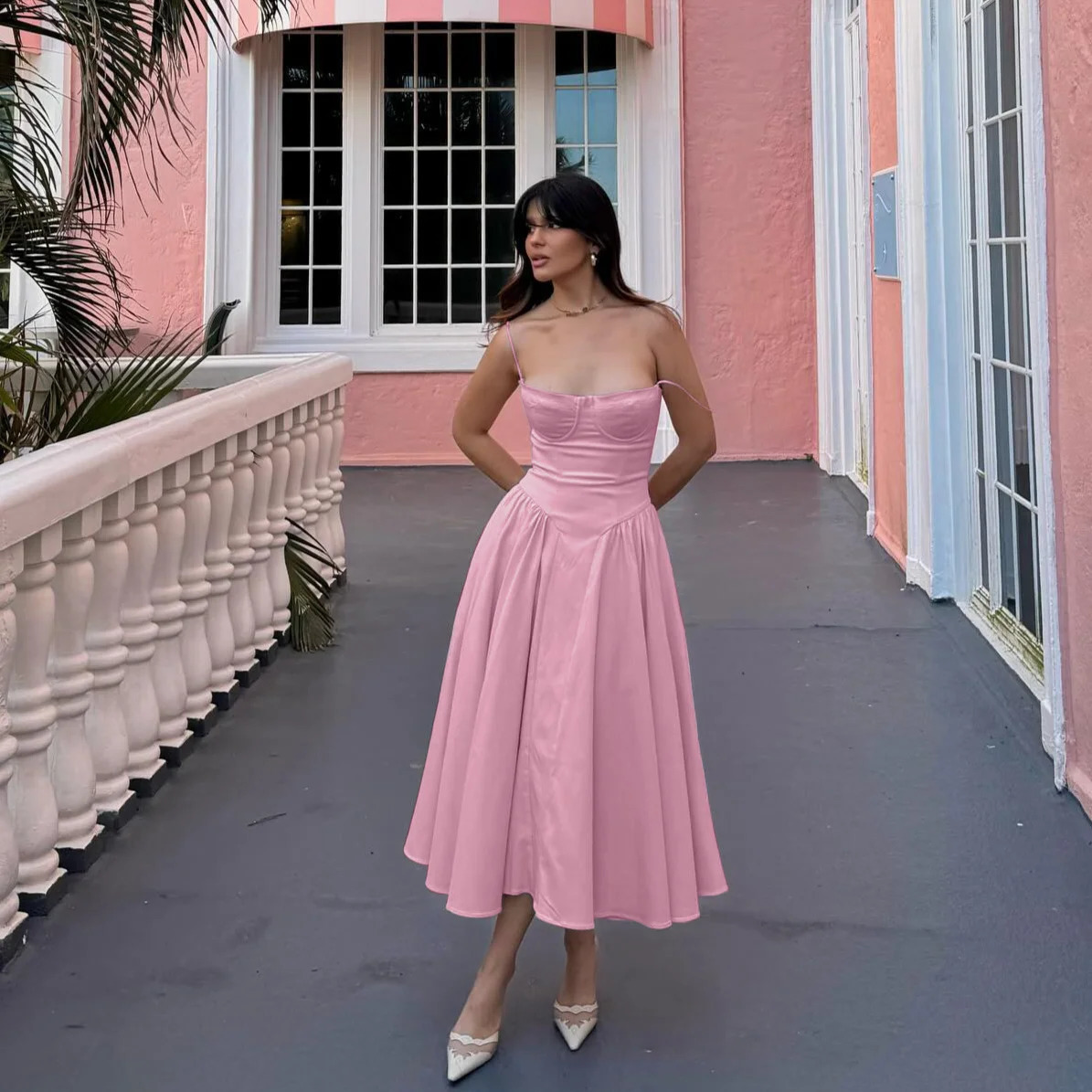 Drop Pink Summer Dress Arrivals Spaghetti Strap Elegant Midi Dress Fit and Flare Dress Sexy Womens Clothing 240822